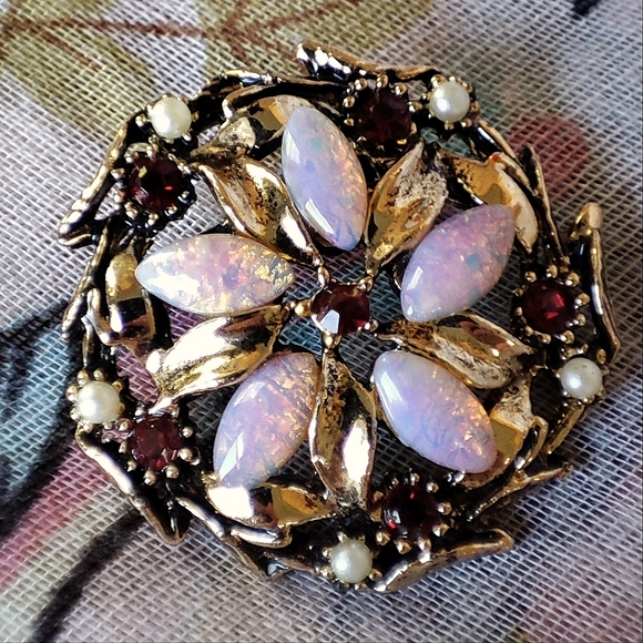 Pink Fire Opal? Seed Pearls Faux Garnet stone Gold Rhodium Plate Vintage Brooch - Picture 7 of 7